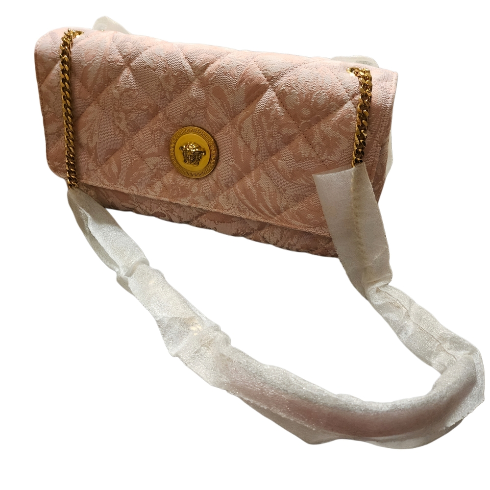 Versace Blush Quilted Clutch with Gold Medusa Accent